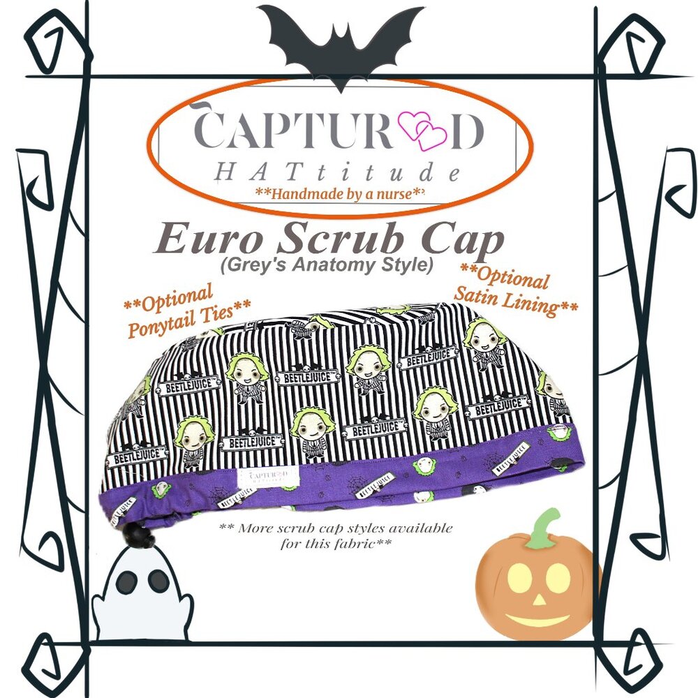 Womens Beetlejuice Movie Inspired Halloween Euro Pixie Scrub Cap, Handmade NWOT